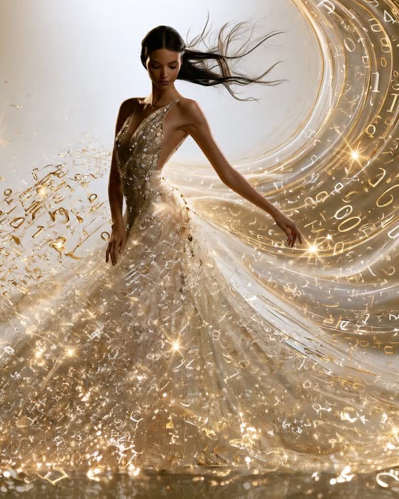Frau im Kleid aus goldenen Zahlen und Zeichen